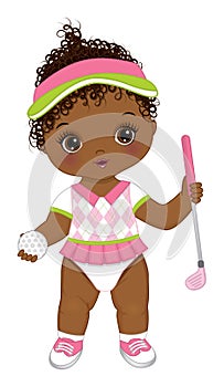 Vector Cute African American Baby Girl Holding Golf Club and Ball. Vector Golfer Girl