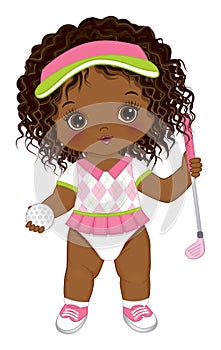 Vector Cute African American Baby Girl Holding Golf Club and Ball. Vector Golfer Girl