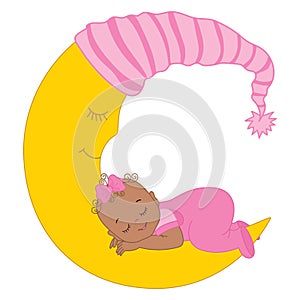 Vector Cute African American Baby Girl Sleeping on the Moon