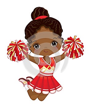 Vector Cute African American Cheerleader with Pom Poms Jumping