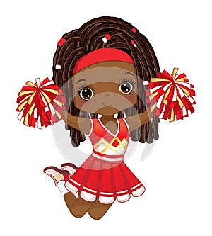 Vector Cute African American Cheerleader with Pom Poms Jumping