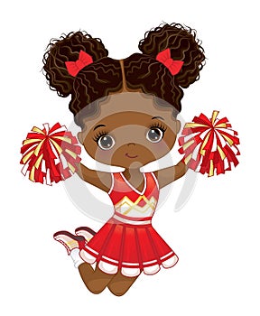 Vector Cute African American Cheerleader with Pom Poms Jumping