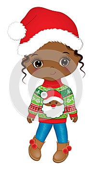 Vector Cute African American Girl in Santa Claus Hat