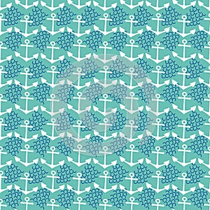 Vector cute anchor and wave abstract seamless pattern background. Aqua blue backdrop with white anchors, navy blue waves
