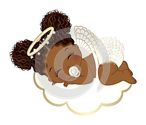 Vector Cute Angel Girl in White Ruffle Diaper Sleeping on the Cloud