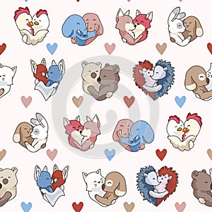 Vector cute animal hug hearts. Seamless repeat pattern.