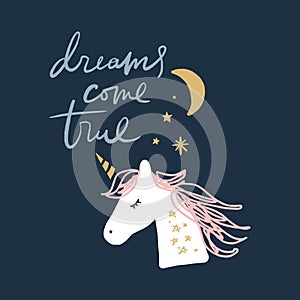 Vector cute animals art. Little pony, night unicorn in simple cartoon scandinavian style. Good for nursery clothes