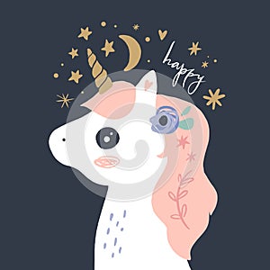 Vector cute animals art. Little pony, night unicorn in simple cartoon scandinavian style. Good for nursery clothes