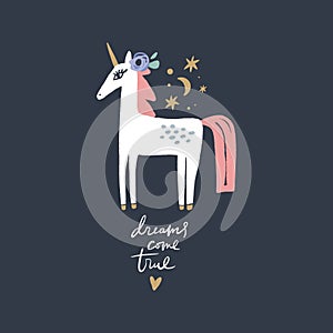 Vector cute animals art. Little pony, night unicorn in simple cartoon scandinavian style. Good for nursery clothes