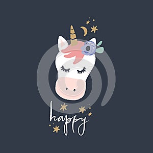 Vector cute animals art. Little pony, night unicorn in simple cartoon scandinavian style. Good for nursery clothes