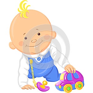 Vector cute baby boy playing with a toy car