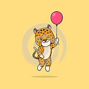 Vector cute baby cheetah cartoon floating holding ballon icon illustration