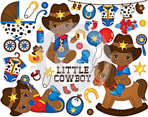Vector Cowboy Set. Set Includes Cute Little African American Baby Boys Dressed as Little Cowboys photo