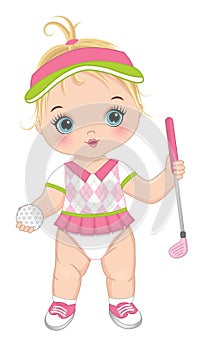 Vector Cute Baby Girl Holding Golf Club and Ball. Vector Golfer Girl