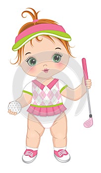 Vector Cute Baby Girl Holding Golf Club and Ball. Vector Golfer Girl