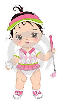 Vector Cute Baby Girl Holding Golf Club and Ball. Vector Golfer Girl