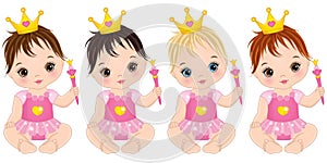 Vector Cute Baby Girls Dressed as Princesses with Magic Wands