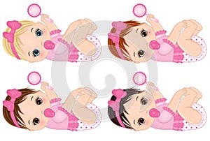 Vector Cute Baby Girls with Rattles and Various Hair Colors