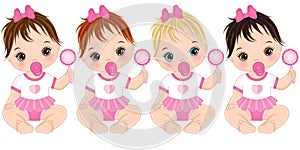 Vector Cute Baby Girls with Rattles and Various Hair Colors photo