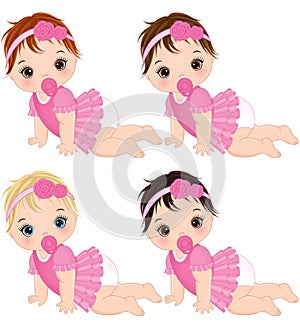 Vector Cute Baby Girls with Various Hair Colors Crawling