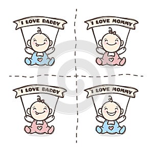 Vector cute baby with I love Mommy and Daddy ribbons.