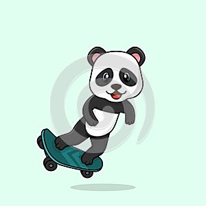 Vector cute baby panda cartoon playing skateboard icon flat illustration