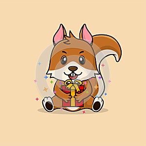 Vector cute baby squirrell cartoon happy holding gift flat icon illustration