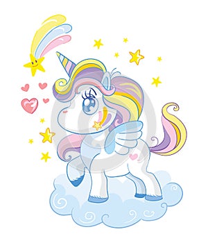 Vector cute baby unicorn character in cloud