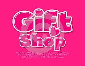 Vector cute banner Gift Shop with decorative Heart. Pink glossy Font. Stylish Alphabet Letters, Numbers and Symbols set
