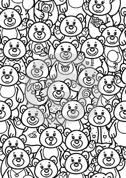 Vector cute bears cartoons, coloring page. Seamless pattern of Teddies cartoons