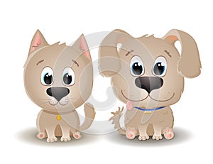 Vector cute beige dog and cat with big eyes in cartoon style. Little kitten and Puppy sits and smiles. Flat illustration