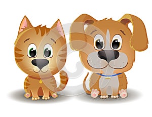Vector cute beige red tabby dog and cat with big eyes in cartoon style. Little kitten and Puppy sits and smiles
