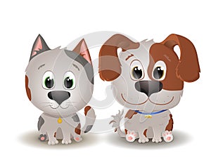 Vector cute beige with spotted dog and cat with big eyes in cartoon style. Little kitten and Puppy sits and smiles