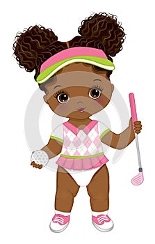 Vector Cute African American Baby Girl Holding Golf Club and Ball. Vector Golfer Girl