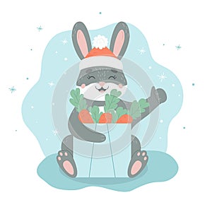 Vector cute black bunny in santa hat with carrot. Cartoon illustration of a symbol of chinese new year 2023. Rabbit with