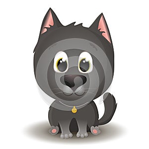 Vector cute black cat with big eyes in cartoon style. Flat character illustration isolated on white background