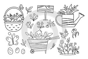 Vector cute black and white garden and Easter icons pack. Wheel barrow, watering can, eggs, first flowers and plants coloring page