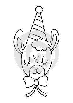 Vector cute black and white llama face in party hat. Birthday outline animal avatar. Funny alpaca head illustration for kids.