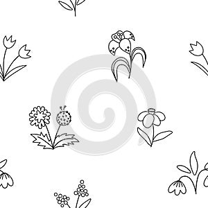 Vector cute black and white spring flowers seamless pattern. Repeating background with first blooming plants. Outline floral