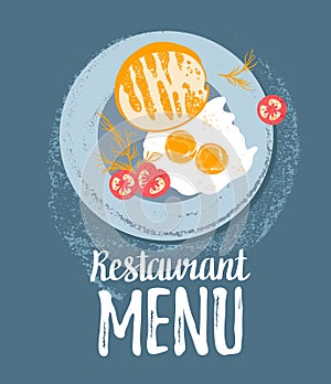 Vector cute breakfast: eggs, toast bread, tomatoes and dill on a plate. Vector colorful grunge hipster illustrations.