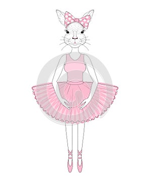 Vector cute bunny girl in dress like ballerina. Hand drawn anthropomorphic rabbit, illustration for t-shirt print, kids greeting