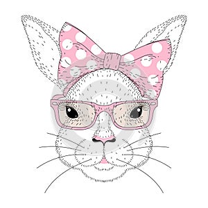 Vector cute bunny girl portrait. Hand drawn rabbit fashion face