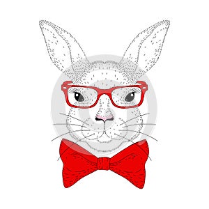 Vector cute bunny portrait. Hand drawn rabbit head with red bow
