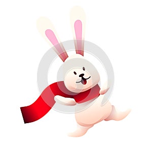 Vector cute bunny in red scarf. Cartoon rabbit