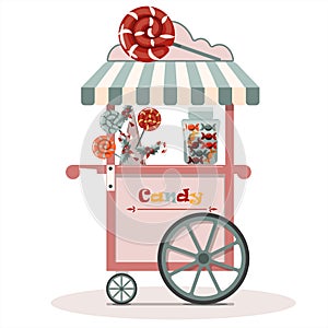 Vector cute candy cart. Flat illustration of a street fast food. Cartoon street point of sale of candies, lollipops