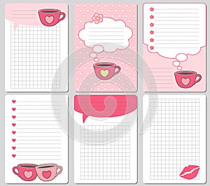 Vector cute cards. Notes, stickers, labels, tags with funny cups and hearts. Design for craft paper, scrapbook, template and greet