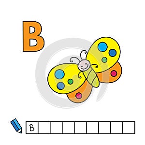 Vector Cute Cartoon Animals Alphabet. Butterfly Illustration