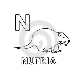 Vector Cute Cartoon Animals Alphabet. Nutria Coloring Pages