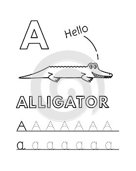 Vector Cute Cartoon Animals Alphabet and Tracing Practice Letter A. Alligator Coloring Pages