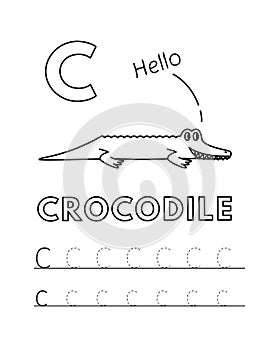 Vector Cute Cartoon Animals Alphabet and Tracing Practice Letter C. Crocodile Coloring Pages